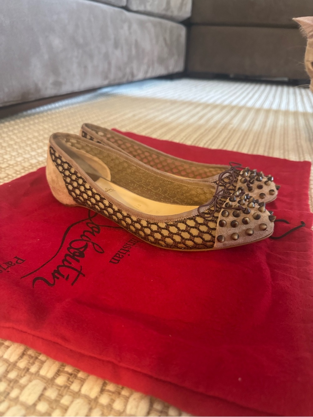 Christian Louboutin Brown Studded Mesh Ballet Flats Sz 40